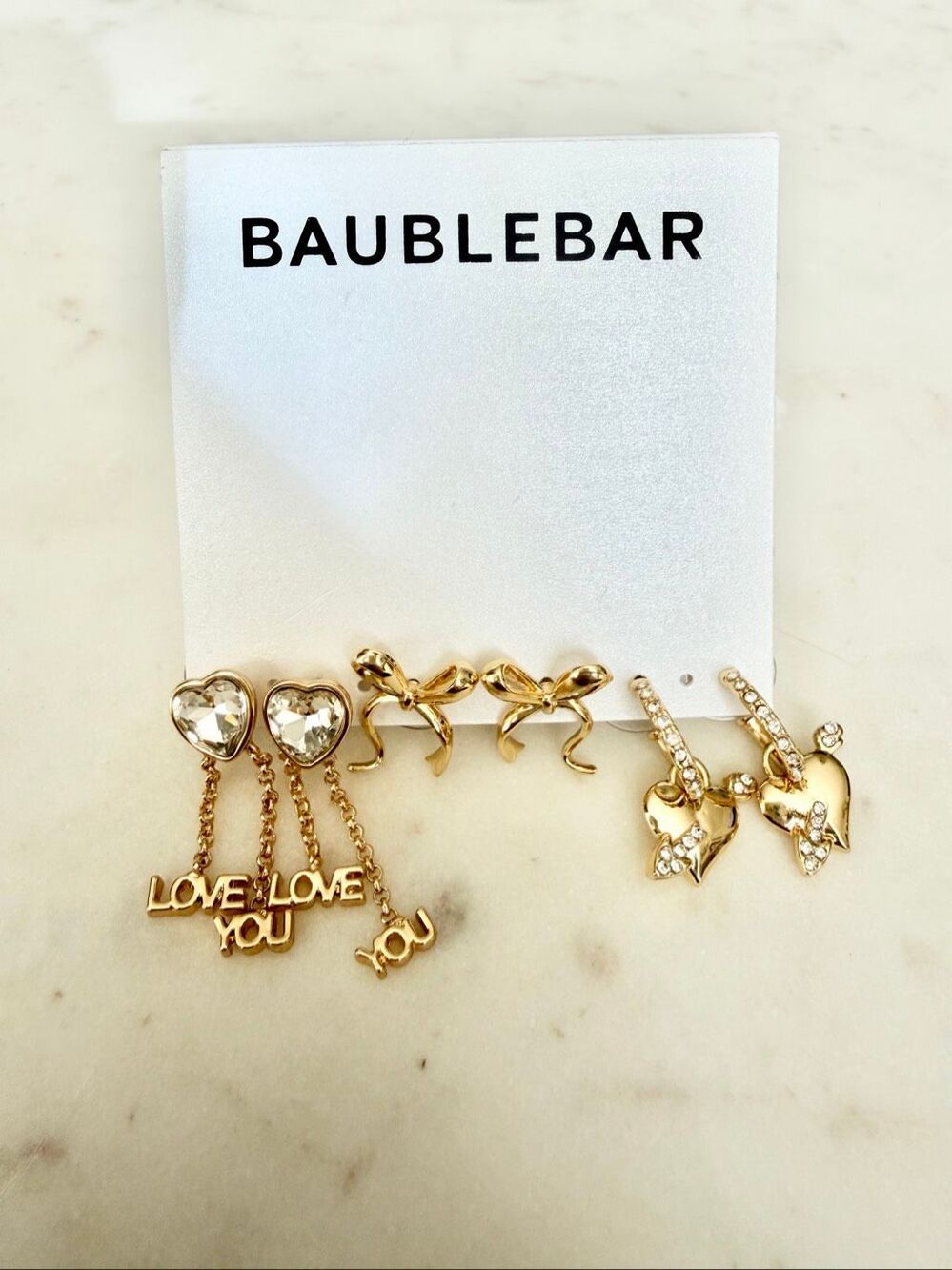 BaubleBar Gold Love Heart Bow Earring Set Crystal Studs 3 Pairs
